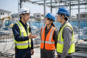 工事現場で打ち合わせするヘルメット姿の作業員