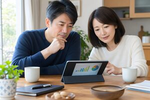 タブレットで運用成績を見る40代夫婦