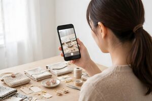 ハンドメイド作品をスマートフォンで撮影する女性
