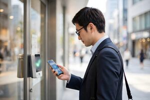 店の入口の端末にスマートフォンをかざす男性