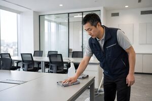 会議室のテーブルをふく清掃スタッフ