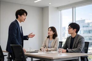 会議で意見を述べる若手のファシリテーター