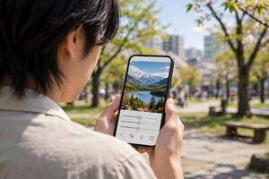 公園でスマートフォンの写真を加工する人
