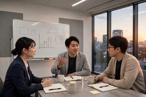 夕暮れの会議室で振り返りをするチーム