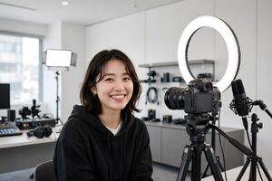撮影機材をそろえた部屋で動画を配信する女性