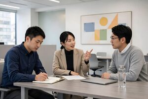 メモを取りながら意見を出し合う3人