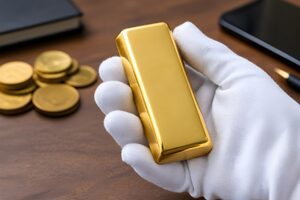 白手袋で持つ金の延べ棒