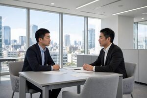向かい合って打ち合わせする男性2人