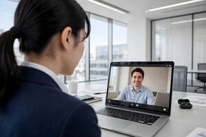 ノートパソコンの画面で海外の取引先と話すオンライン商談
