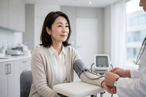 クリニックで血圧を測る女性