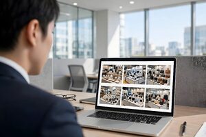 ノートパソコンでオンライン展示会を見る男性