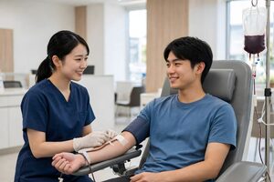 看護師に見守られて献血する若い男性