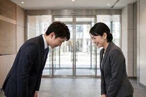 オフィスの入口で来客を迎えてお辞儀する社員
