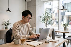 カフェでノートパソコンを使って仕事する男性