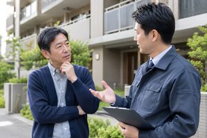 マンションの前で管理会社と話すオーナー