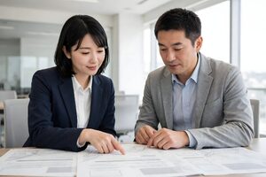 図面を指さして確認する男女の担当者