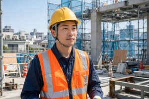 工事現場で働くヘルメット姿の作業員