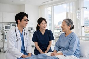 病室で患者に寄り添う医師と看護師