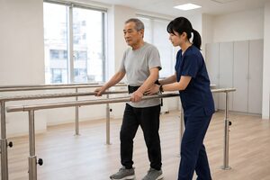 平行棒で歩行訓練を受ける高齢男性