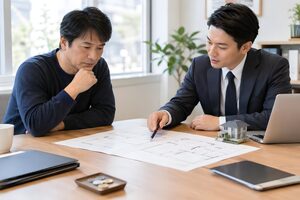 間取り図を見て物件を検討する40代男性