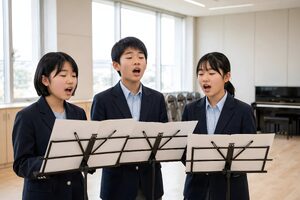 音楽室で楽譜を見ながら合唱する中学生