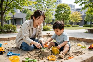 公園の砂場で遊ぶ母と幼い男の子