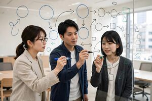 ガラス面に図を描いて発想を広げる3人