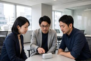 小さな機器を囲んで検討する3人