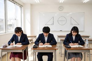 塾の教室で問題を解く中学生