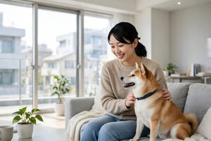 ソファで柴犬をなでる女性