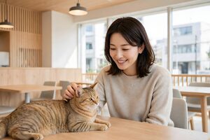 カフェのテーブルで茶トラ猫をなでる女性