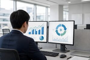 2台のモニターで業績グラフを確認する会社員