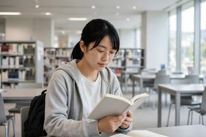 図書館で本を読む女性