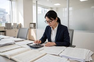 電卓を叩いて帳簿を確認する経理担当