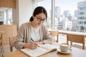 カフェでノートに書き込む女性