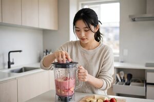 キッチンでスムージーを作る女性