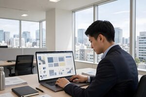窓際でノートパソコンを操作する会社員