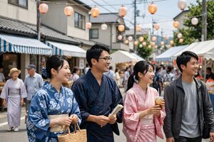 浴衣で夏祭りの通りを歩く人たち