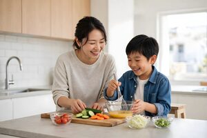 キッチンで一緒に料理する母と息子