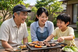 庭でバーベキューを楽しむ祖父と母と孫
