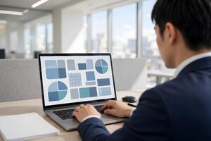 ノートパソコンでデータを入力する会社員の手元