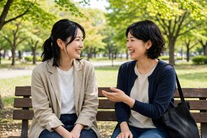 公園のベンチで話す母親同士