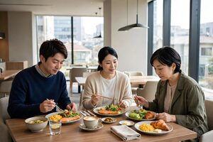 ホテルのレストランで朝食をとる3人