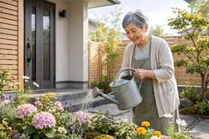 玄関先の花壇に水やりする高齢女性