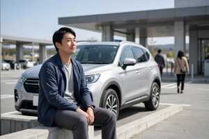 駐車場でSUVの前に腰かけて休む男性