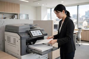 複合機に用紙をセットする女性