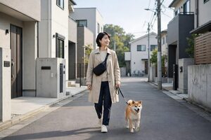住宅街で柴犬を散歩させる女性