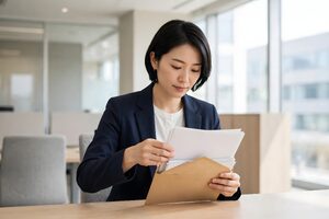 封筒から書類を取り出す女性