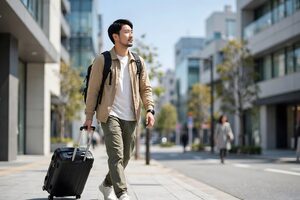 スーツケースを引いて街を歩く男性
