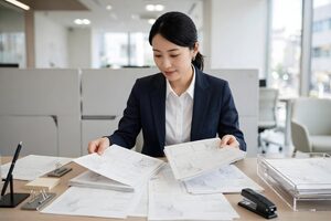 机いっぱいに書類を広げて整理する女性
